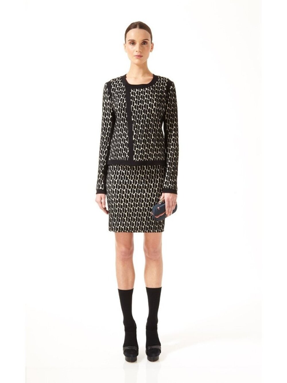 EUC $599 Diane Von FurstenbergBlack Patrica Houndstooth Knit Skirt Suit 6/8